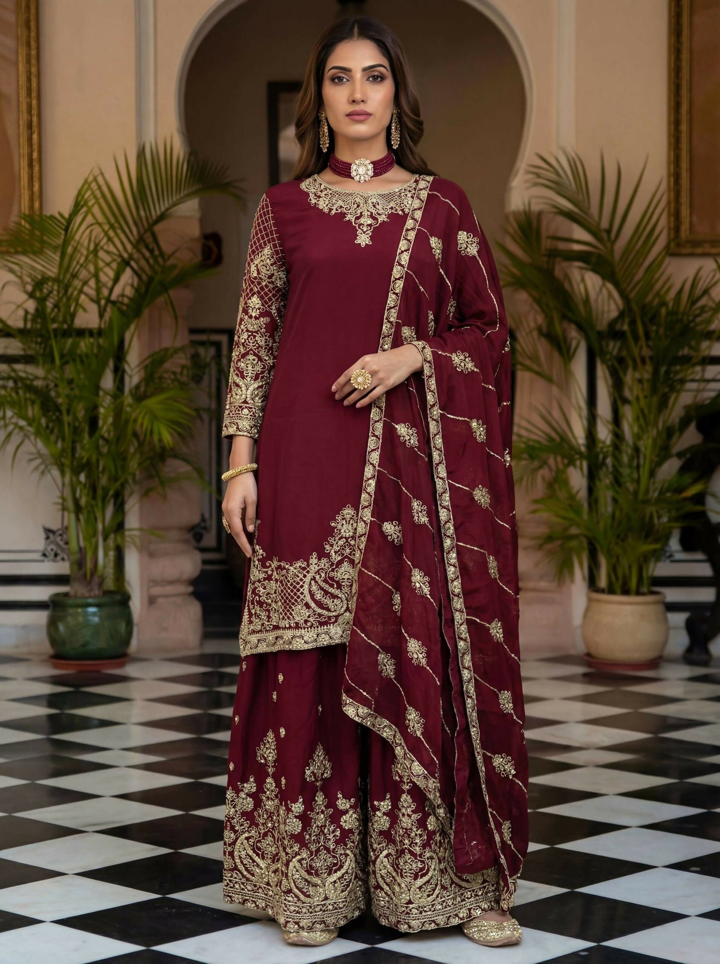 Teeya Creation New Trendy Traditional Wear Sharara with Heavy Border Dupatta Set - Maroon