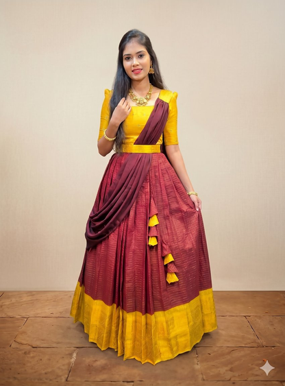 Teeya Creation New Maroon and Yellow Banarasi Silk Half Saree Lehenga Choli with Pleated Dupatta