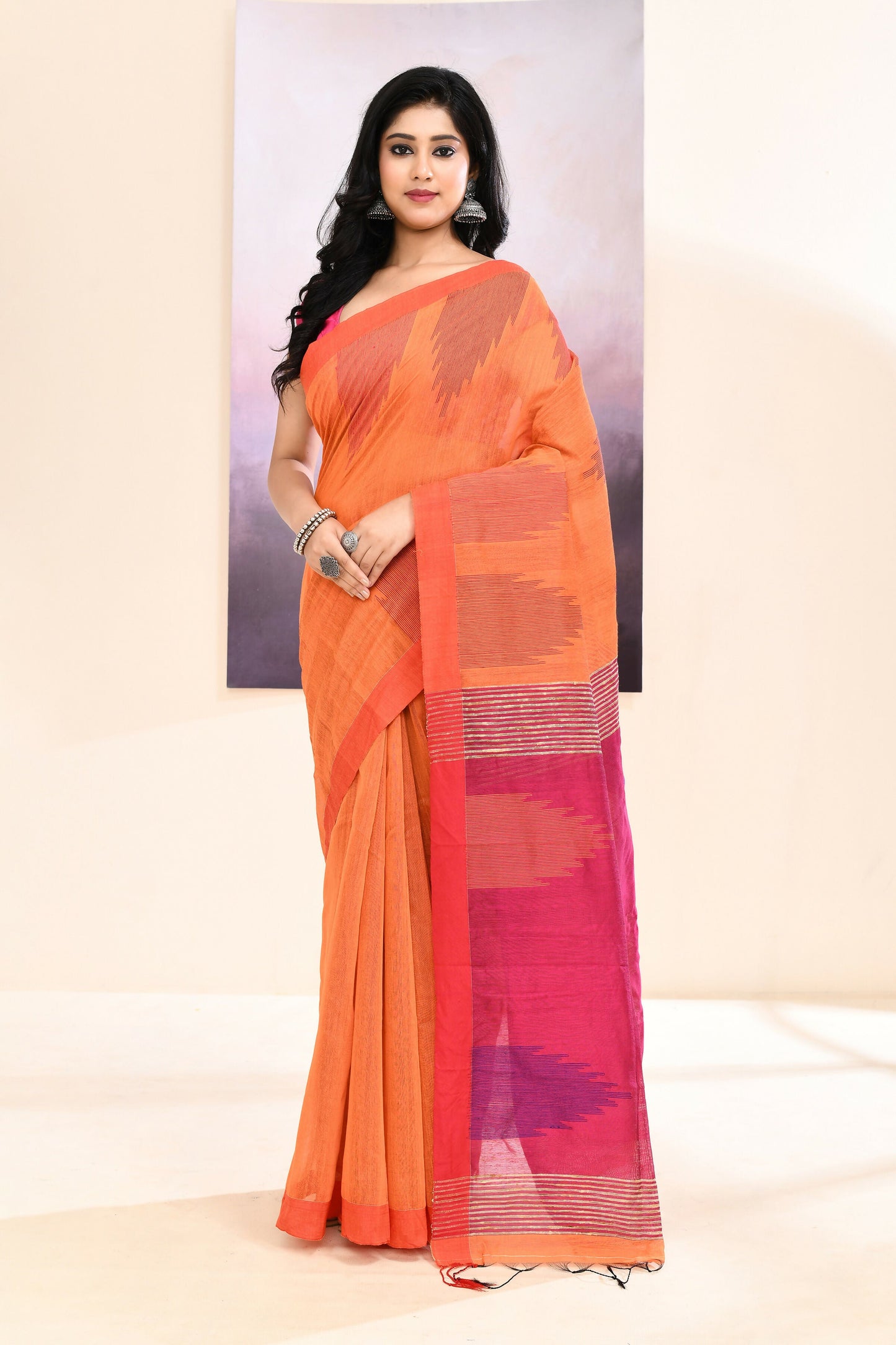 Piyari Fashion Women's Orange Temple Border Embellished Cotton Blend Jamdani Saree