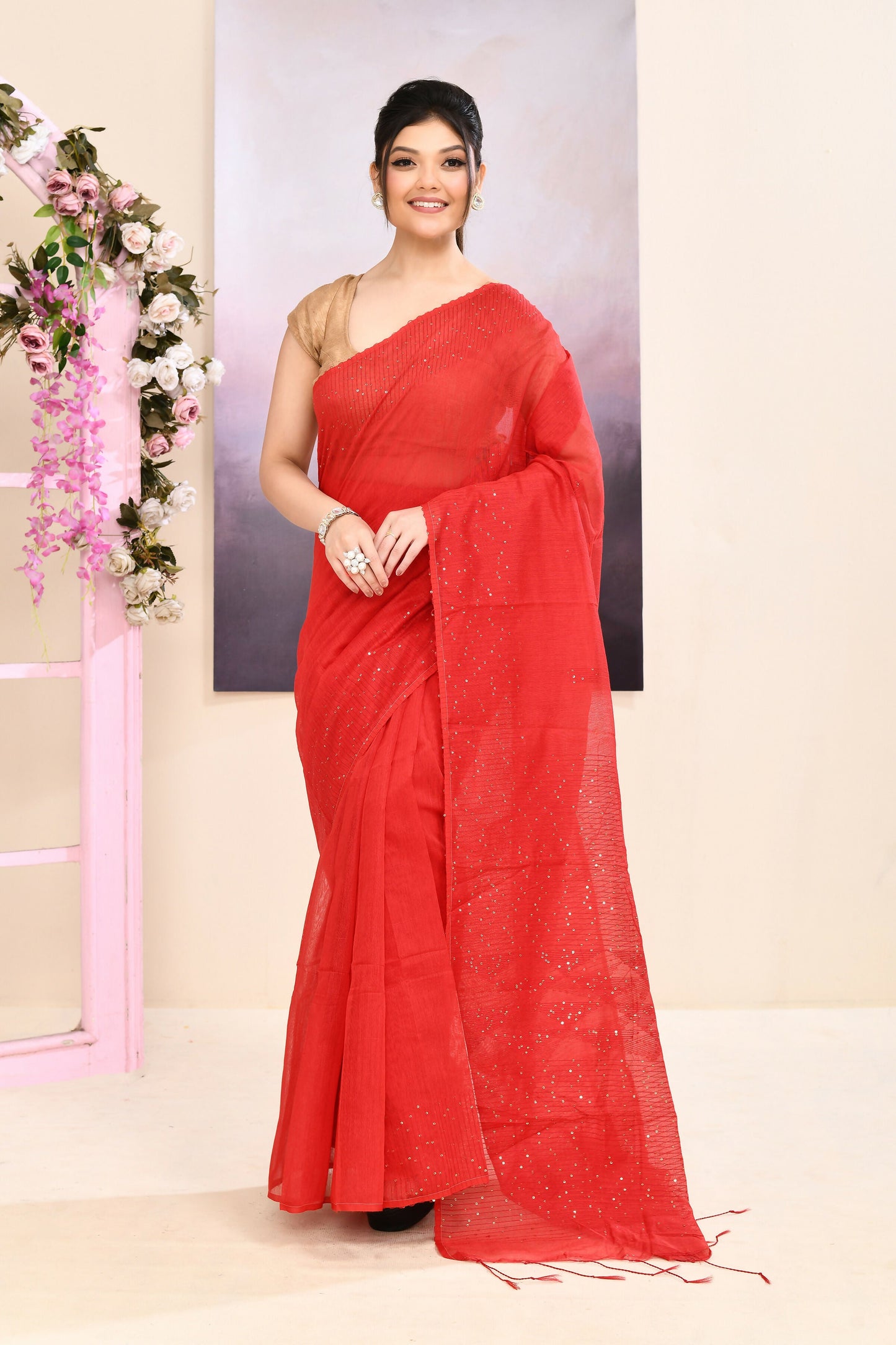 Piyari Fashion Women's Red Self Sequins Embellished Cotton Blend Jamdani Saree