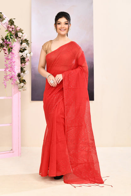 Piyari Fashion Women's Red Self Sequins Embellished Cotton Blend Jamdani Saree