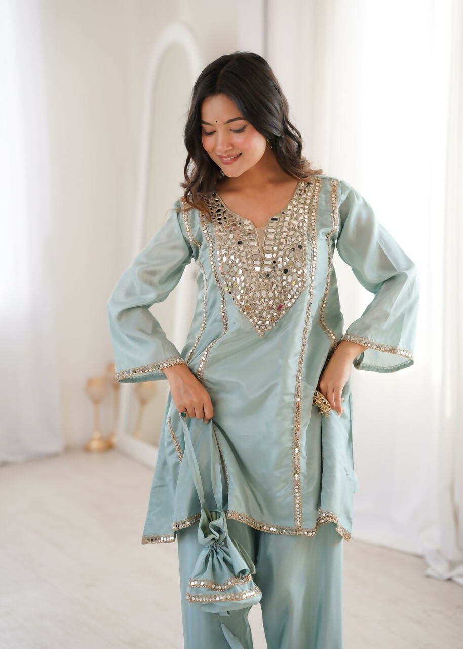 Teeya Creation Womens New Wedding Wear Sky Color With Mirror & Lace Work Kurta Pant Set