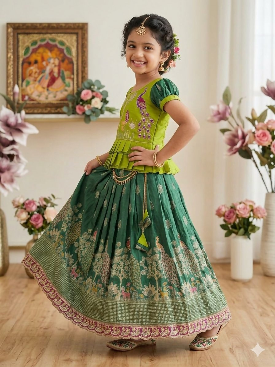 Teeya Creation New Kids Green Color Little Deer Forest Fantasy Lehenga Choli Set -Green