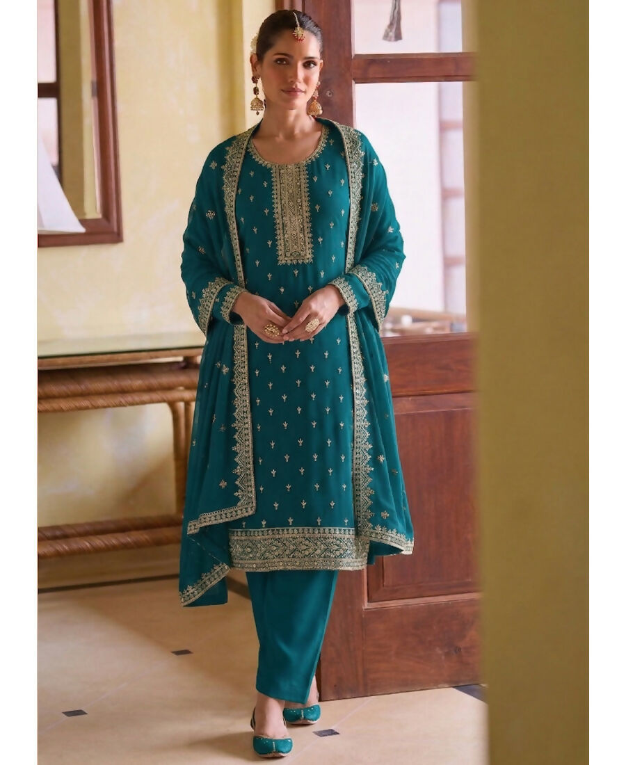 KC Aqua Blue Georgette Straight Suit With Heavy Embroidery