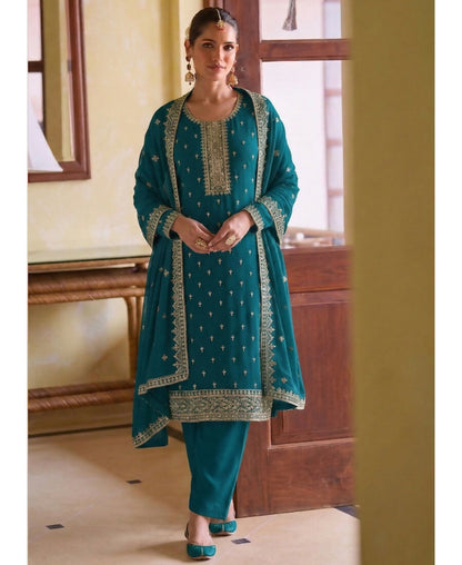 KC Aqua Blue Georgette Straight Suit With Heavy Embroidery