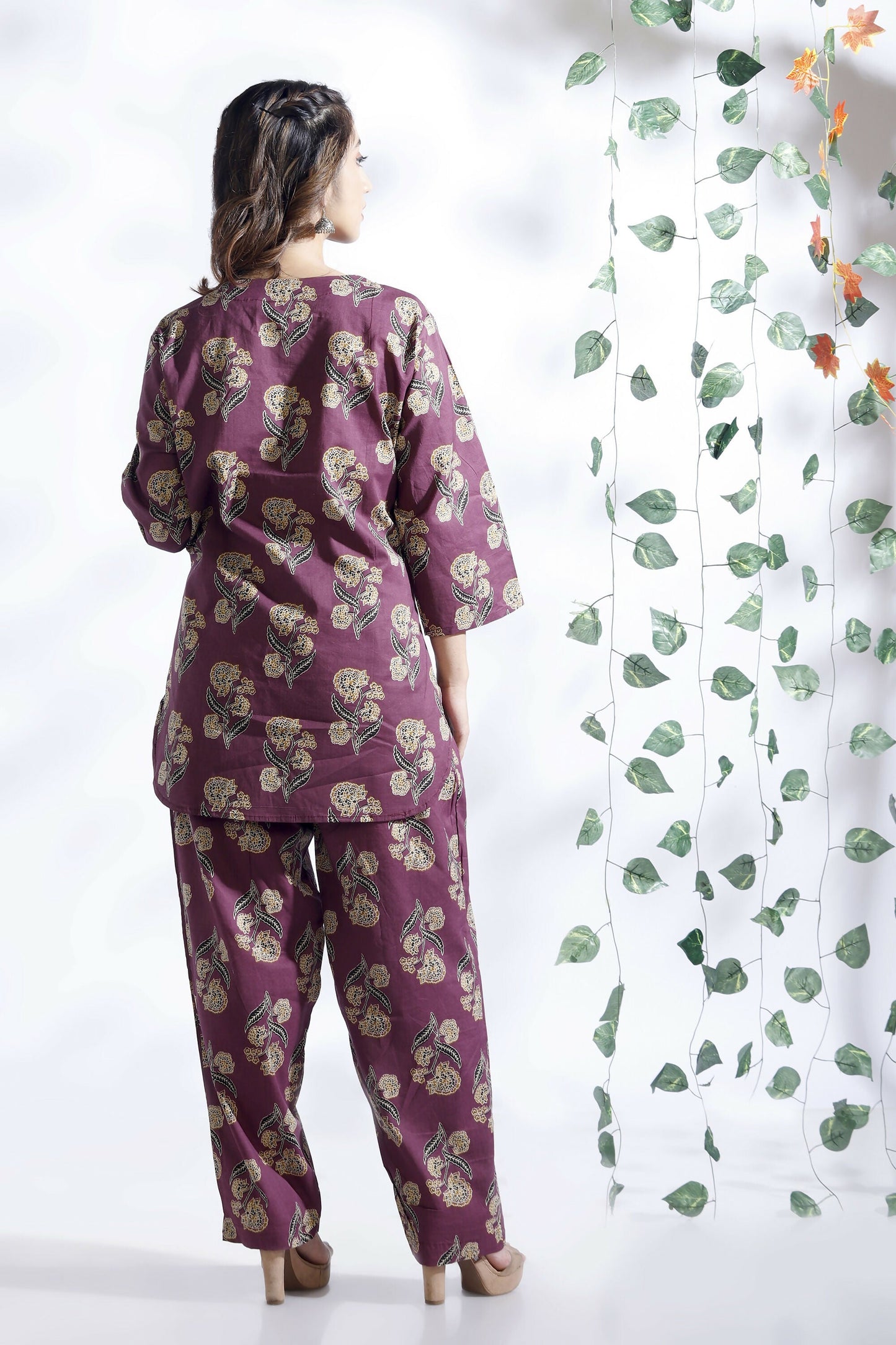 Breathables Wine Butta Cotton Co-Ord Set  Kurta With Straight Pants