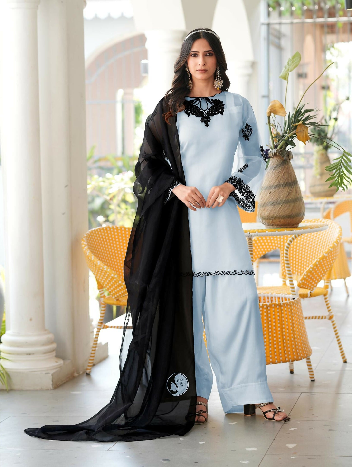 Nikhaar Light Blue Embroidered Organza Stitched Straight Cut Kurta Farshi Salwar Dupatta Readymade Suit