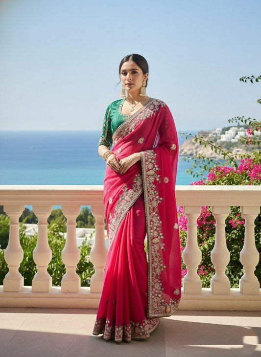 Teeya Creation New Stylish Party Wear Soft Fendy Chiffon Silk Saree-Pink
