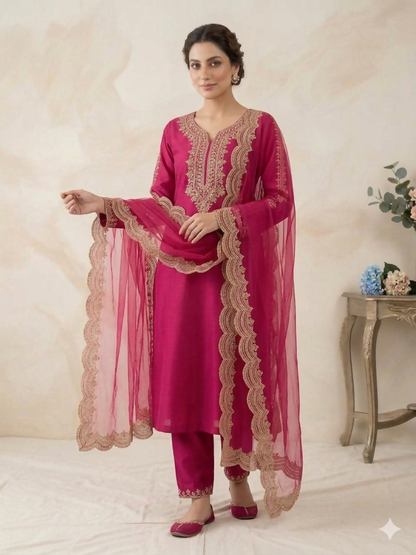 Teeya Creation New Womens Rani Pink Straight Cut Kurta Set with Scalloped Embroidered Organza Dupatta Set
