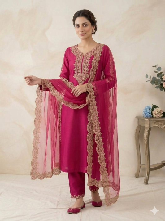 Teeya Creation New Womens Rani Pink Straight Cut Kurta Set with Scalloped Embroidered Organza Dupatta Set