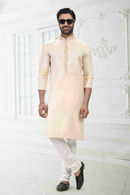 Raivat Ethnic Linen Cotton Thread Work Kurta Pajama In Beige Colour