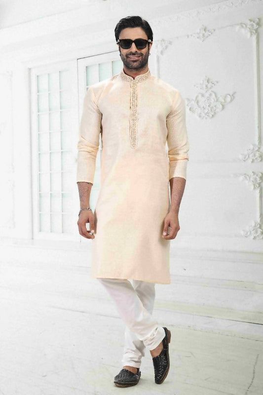 Raivat Ethnic Linen Cotton Thread Work Kurta Pajama In Beige Colour