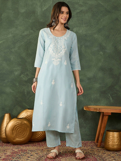 The52 Women's Beautiful Thread Work Cotton Blend Fabric Straight Kurta Pant and Dupatta Set-Sky