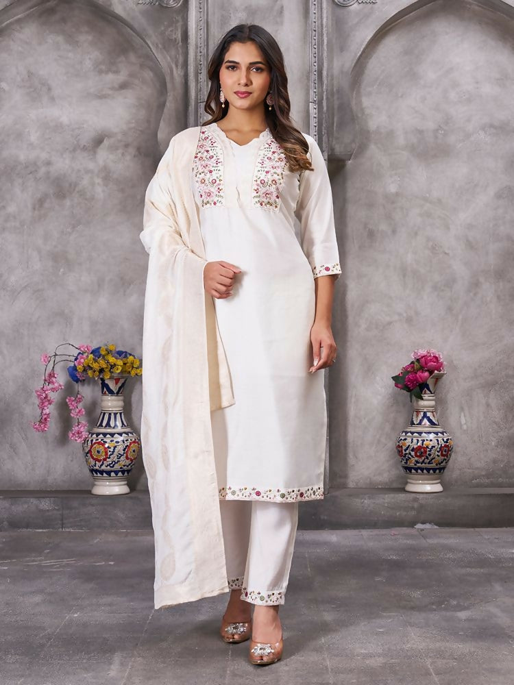 Teeya Creation Women's Elegant White Embroidered Kurta with Pant and Dupatta Set