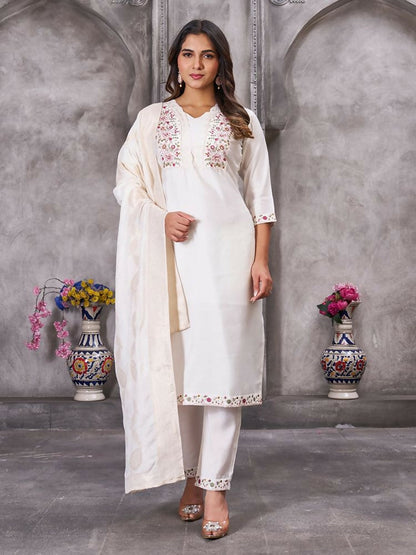 Teeya Creation Women's Elegant White Embroidered Kurta with Pant and Dupatta Set