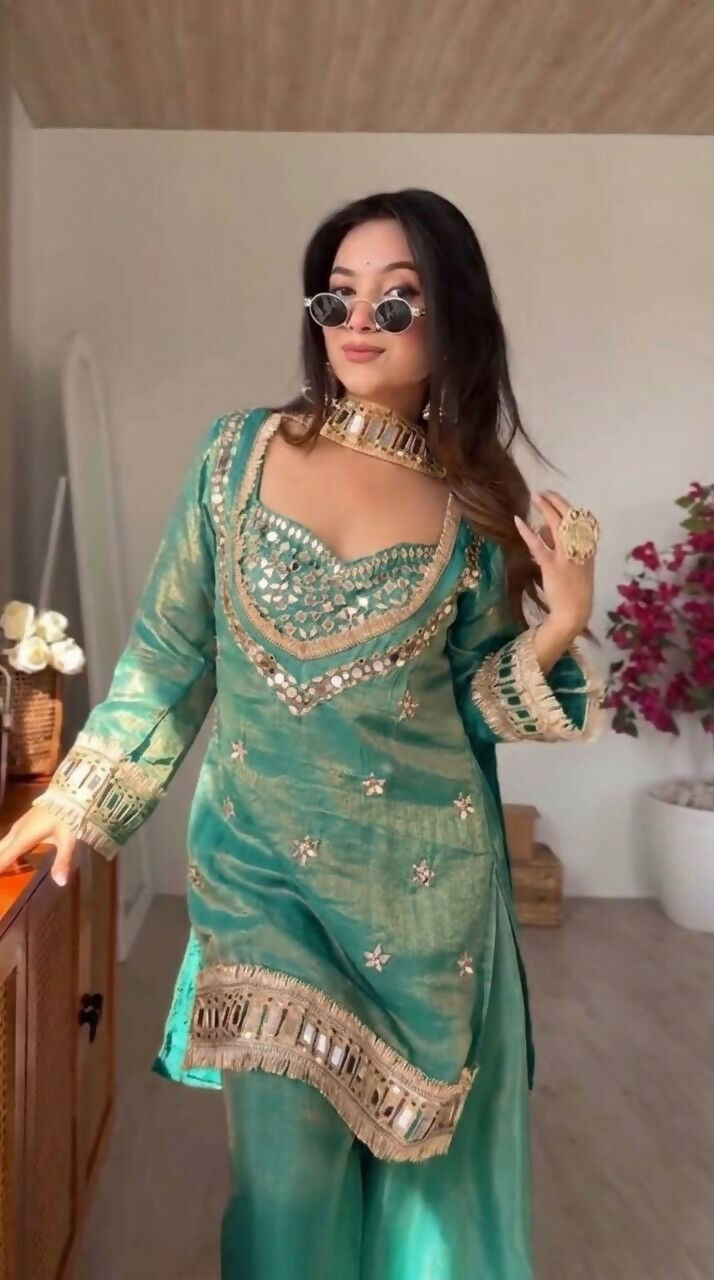 Teeya Creation New Trendy Stylish Real Mirror Work With Lace Border Teal Kurta Set