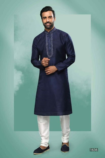Raivat Ethnic Art Silk Mirror Embroidery Work Kurta Pajama In Blue Colour