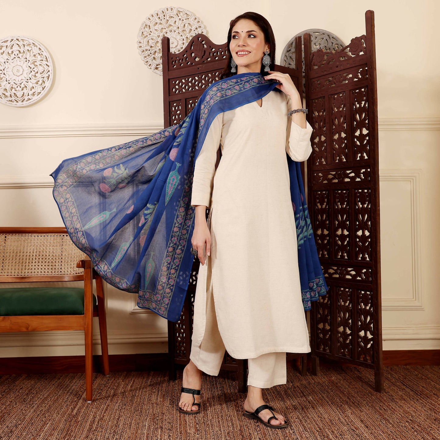 The52 Women's Gorgeous Solid Chanderi Silk Fabric Straight Kurta Pant and Dupatta Set