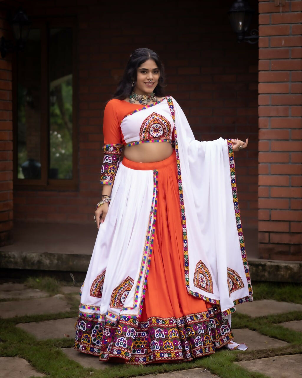 Yash Enterprise Orange White Rayon Cotton Embroidery Semi Stitched Navratri Top Chaniya Choli