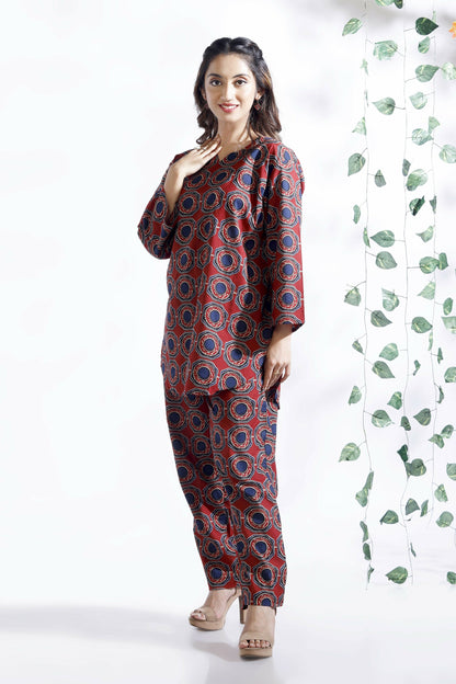 Breathables Abstract Cotton Co-Ord Set  Red