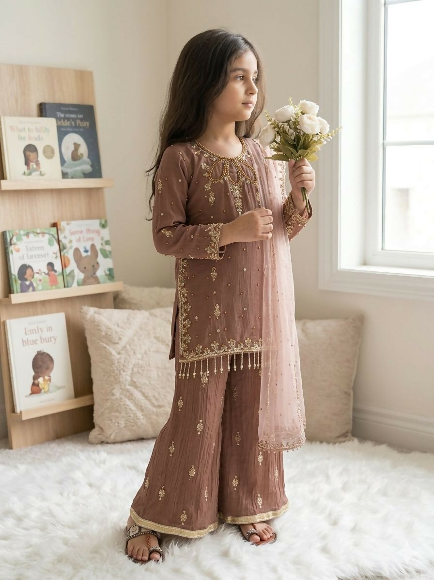 Teeya Creation New Latest Kids Trendy Ready to Wear Kurta Palazzo Set-Brown