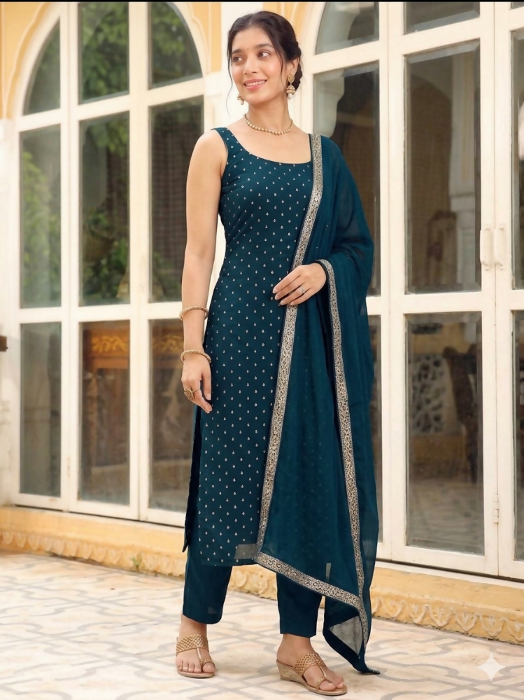 Teeya Creation Womens New Elegant Teal Embroidered Kurti with Matching Bottom Set