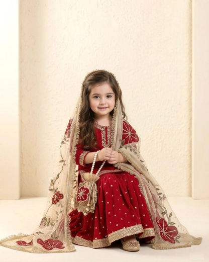 Teeya Creation New Kids Trendy Wedding Wear Traditional Kurta Sharara Set-Maroon