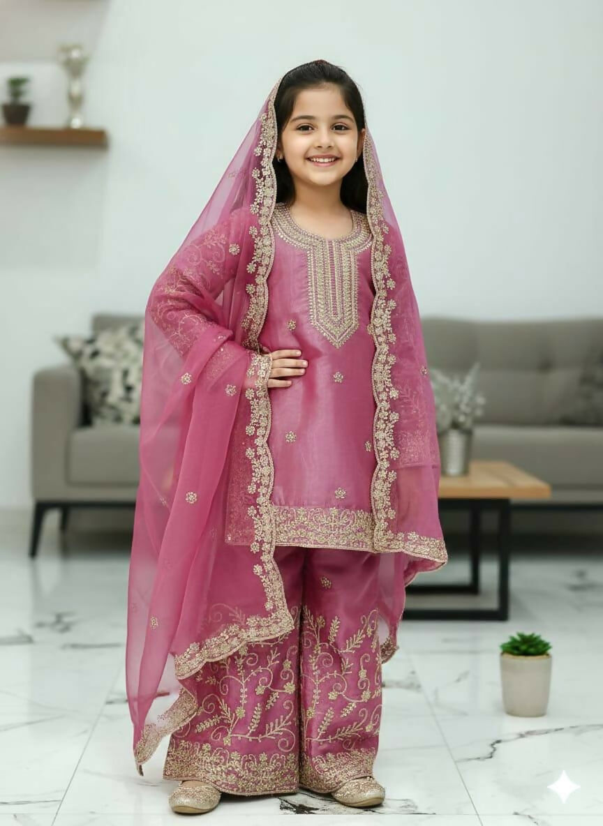 Teeya Creation New Kids Wedding Wear Heavy Embroidery Sequence Work Kurta Sharara Set-Pink