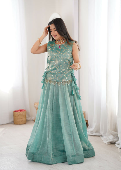 Lorenvalley Fashion Skyblue Salsa Crush Plain Lehenga Choli with Koti