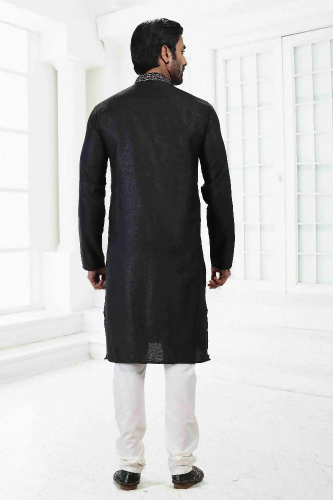 Raivat Ethnic Linen Cotton Thread Work Kurta Pajama In Black Colour
