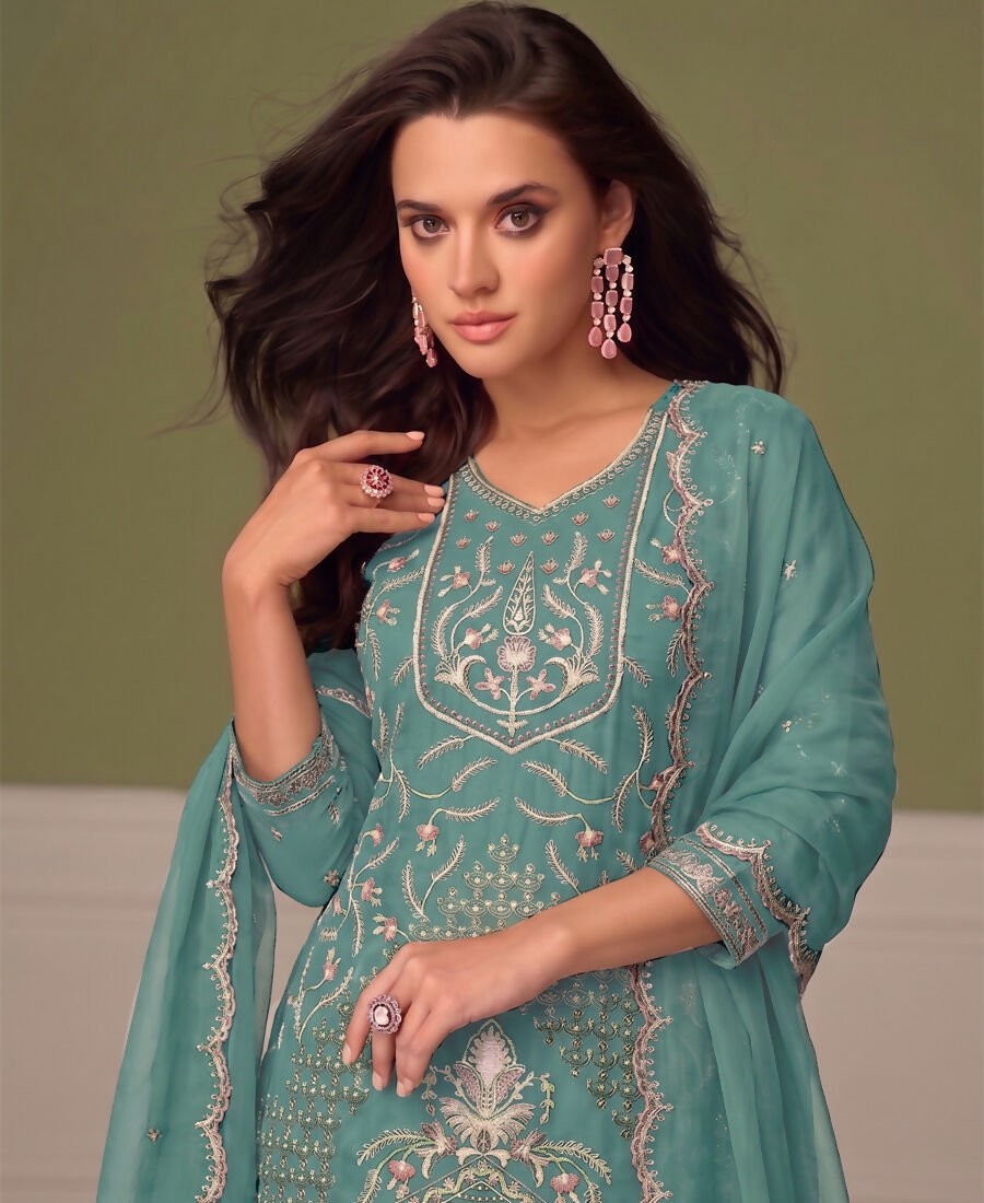 KC Beautiful Sky Blue Chiffon Silk Hand Embroidery Suit For Women