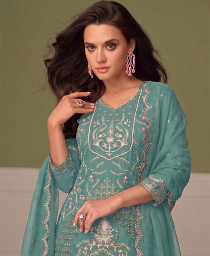 KC Beautiful Sky Blue Chiffon Silk Hand Embroidery Suit For Women