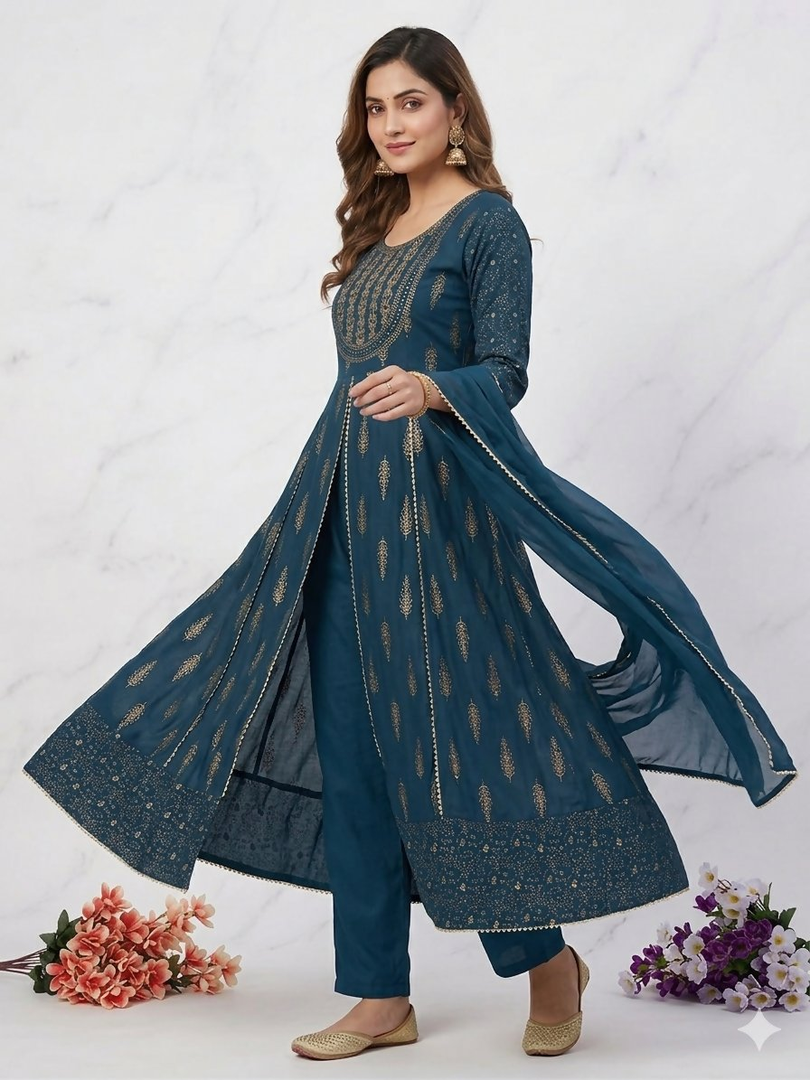 Teeya Creation Women's Teal Blue Fully Stitched Anarkali Suit With Pant And Dupatta