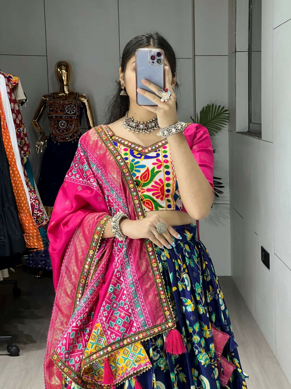 Yash Enterprise Blue Silk Embroidery Semi Stitched Navratri Chaniya Choli