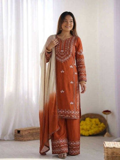 Teeya Creation Womens Trendy Stylish Embroidery Thread Work Orange Kurta Set
