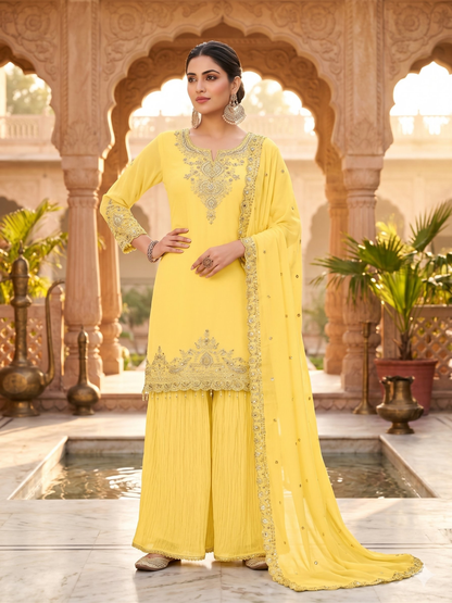 Teeya Creation Womens New Georgette Silk With Heavy Embroiedery With Sequence Work Yellow Kurta Set