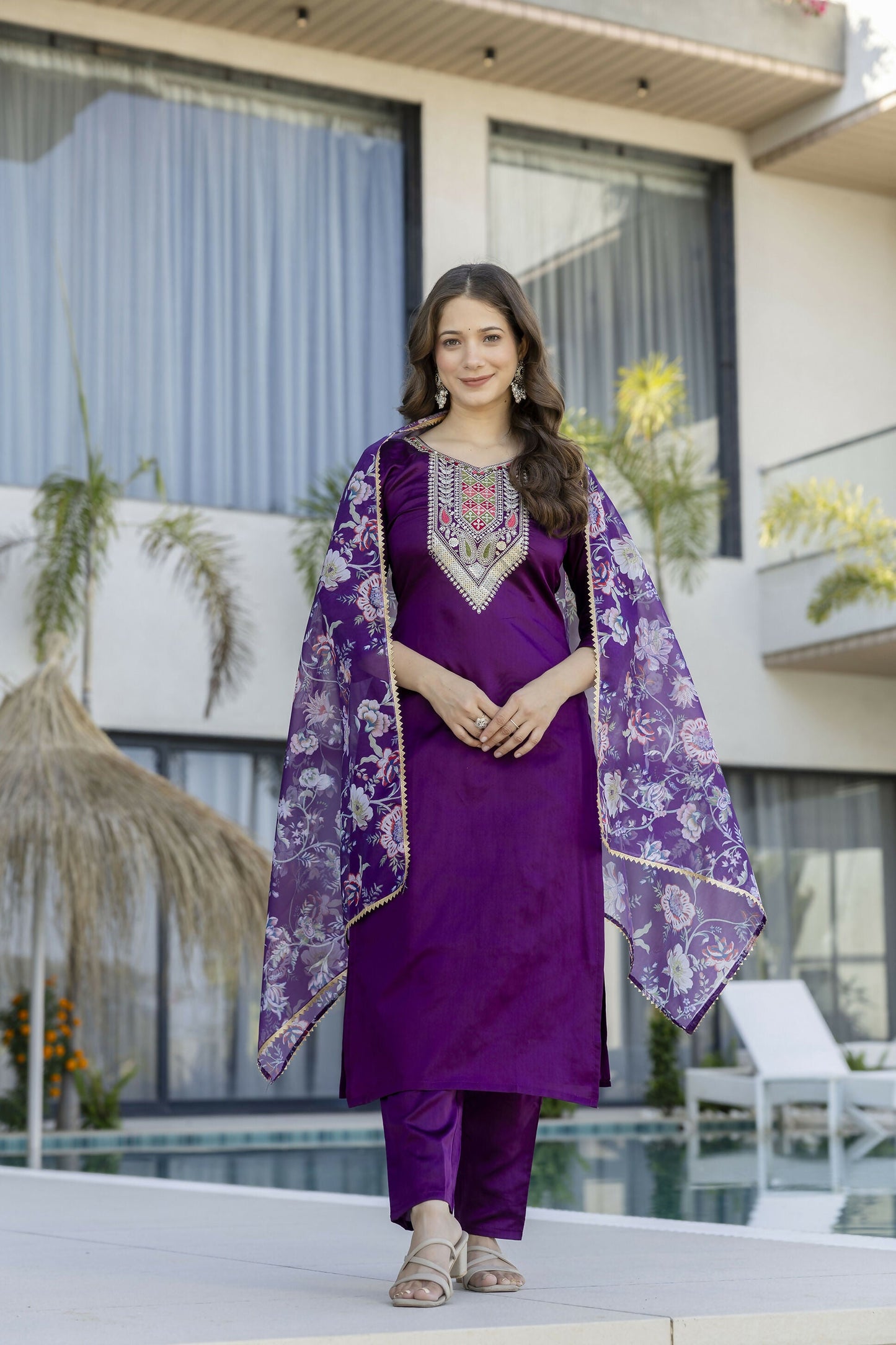 The52 Women's Gorgeous Embroidery Work Chanderi Cotton Fabric Straight Kurta Pant and Dupatta Set-Purple