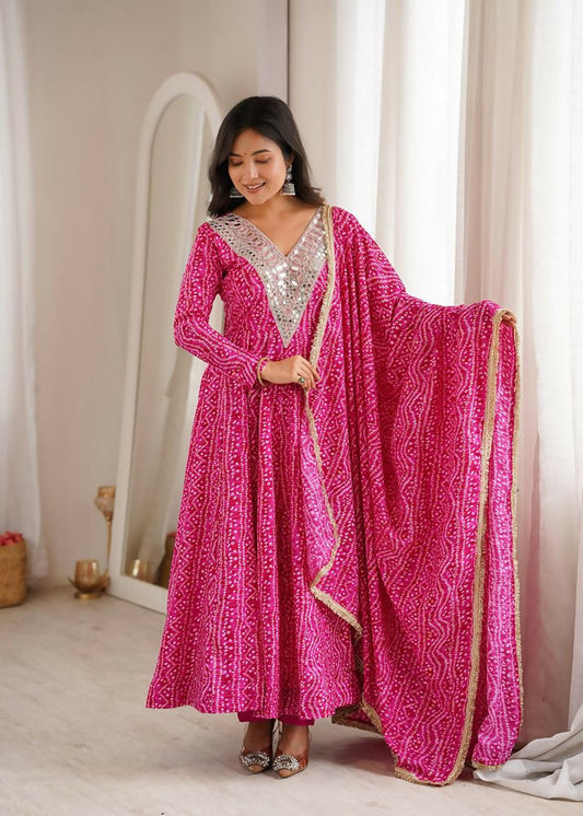 Teeya Creation New Trendy Traditional Pink Bandhani Anarkali Set with Embellished V-Neck