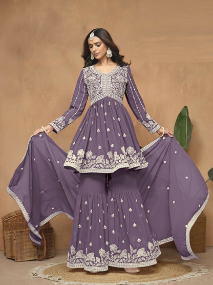 Anaita Lavender Embroidered Faux Georgette Sharara Suit