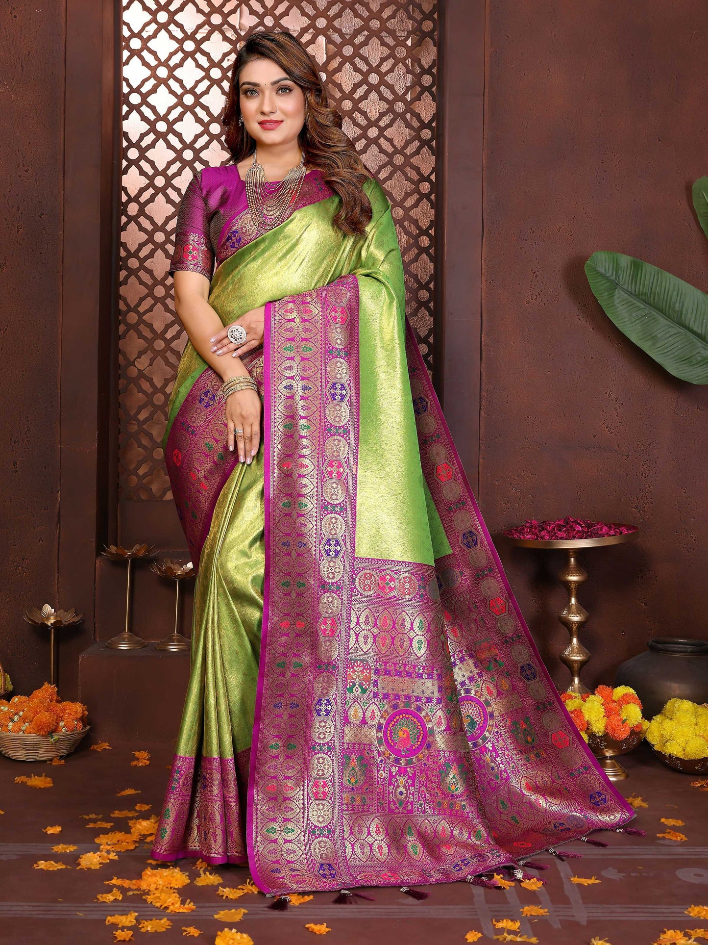 Aastha Fashion Green Tissue Silk Weaving Saree