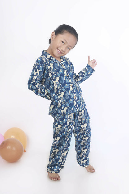 Breathables Kids Cotton Night Suit  Blue Jungle Print Shirt & Pyjama Co-Ord Set For Boys & Girls