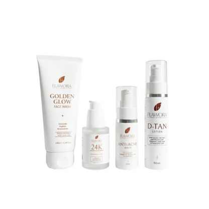 Flawora Set of Golden Glow Face Wash, Anti Acne Serum, 24k Golden Glow Face Serum and D-Tan Lotion