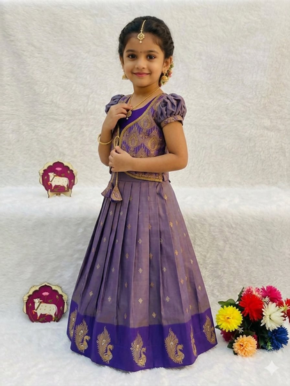 Teeya Creation New Latest Girls Purple Silk Pattu Pavadai Lehenga Choli Set With Brocade Koti-Purple