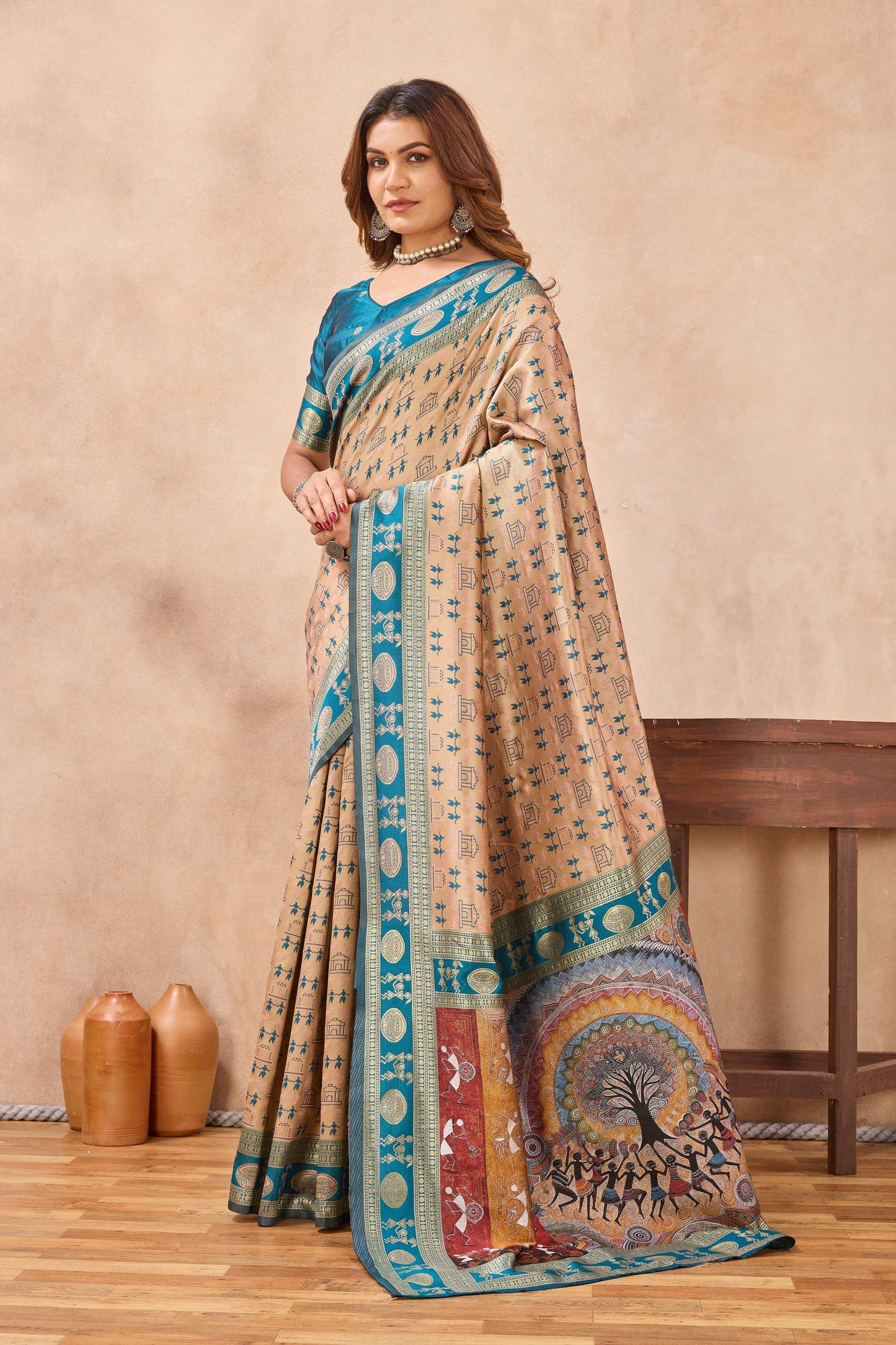 Divine International Trading Co Beige Soft Silk Blend Banarasi Jacuard Work Designer Party Wear Saree With Unstitched Blouse Piece