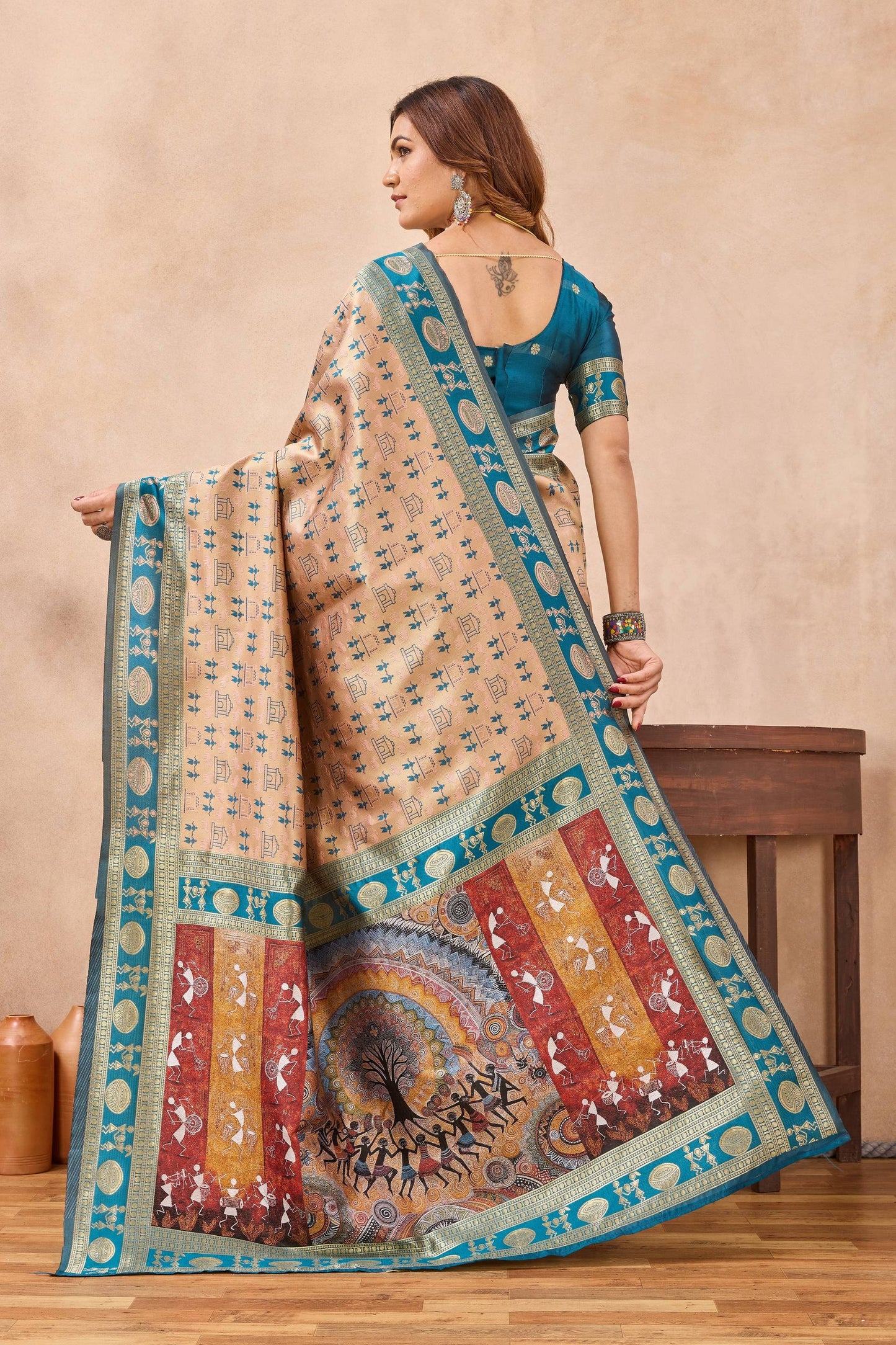 Divine International Trading Co Beige Soft Silk Blend Banarasi Jacuard Work Designer Party Wear Saree With Unstitched Blouse Piece