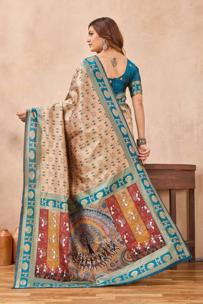 Divine International Trading Co Beige Soft Silk Blend Banarasi Jacuard Work Designer Party Wear Saree With Unstitched Blouse Piece
