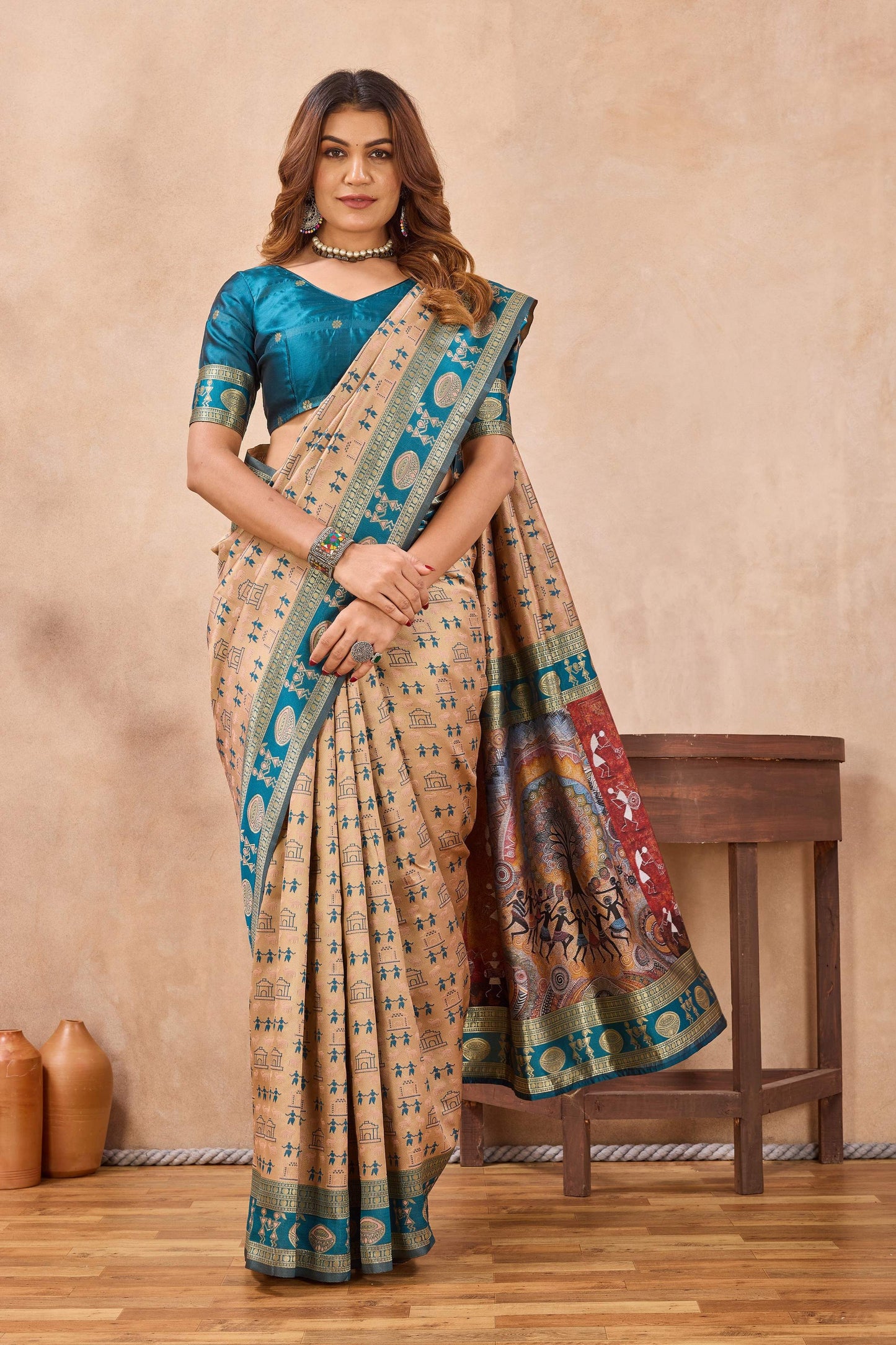 Divine International Trading Co Beige Soft Silk Blend Banarasi Jacuard Work Designer Party Wear Saree With Unstitched Blouse Piece