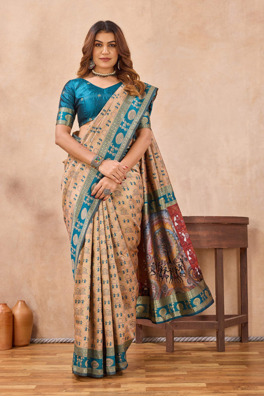 Divine International Trading Co Beige Soft Silk Blend Banarasi Jacuard Work Designer Party Wear Saree With Unstitched Blouse Piece
