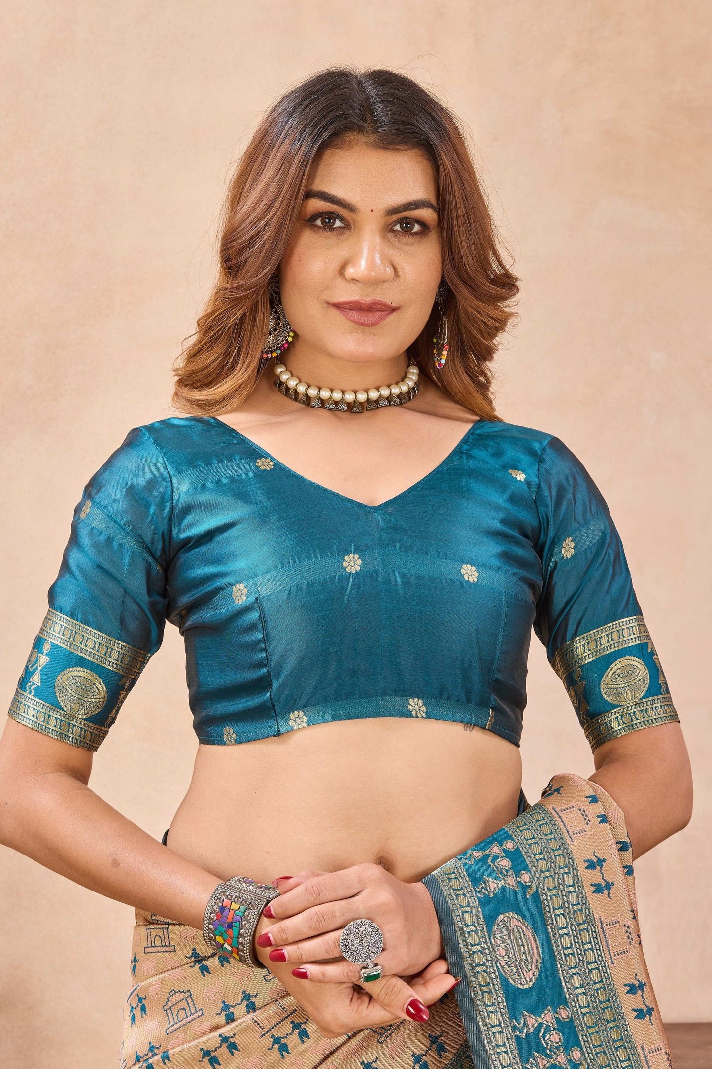 Divine International Trading Co Beige Soft Silk Blend Banarasi Jacuard Work Designer Party Wear Saree With Unstitched Blouse Piece