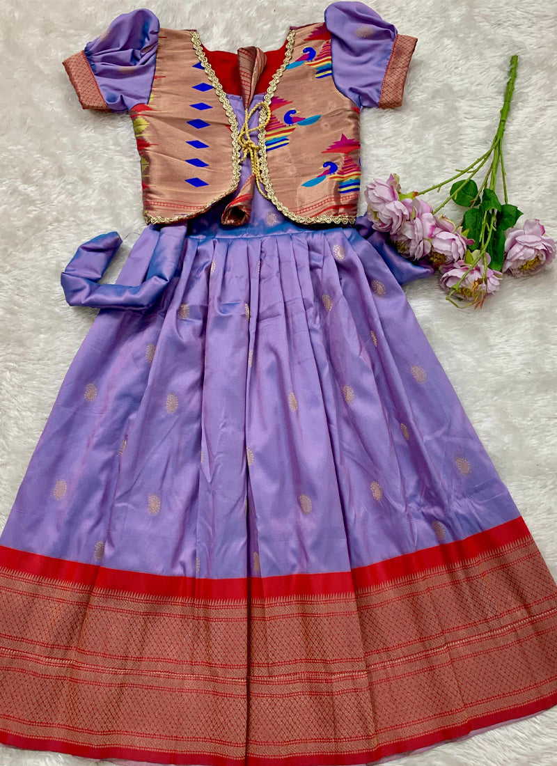 Evanik Purple Soft Paithani Silk Zari Weaving Pavadai For Kids Gown & Koti